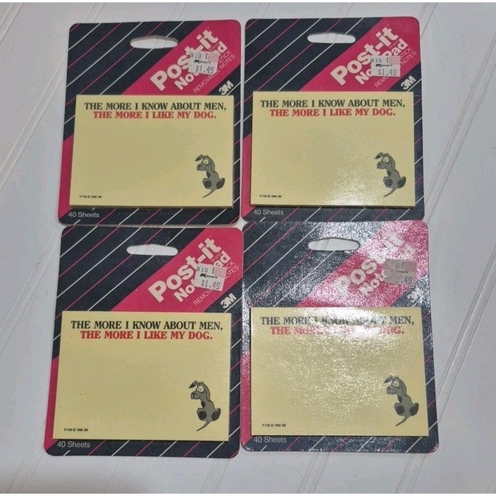 Vintage Lot of 4 1986 3M Post-it Note Pads Funny Dog/Men NOS